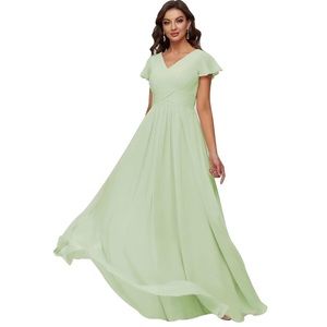 Ruffle Sleeves Chiffon Bridesmaid Dresses Ruched Long Party Gown